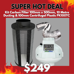 Carbon Filter Kit 100mm x 500mm - Centrifugal Temp & Speed adjustable PK100TC Fan & 10 Metres of Ducting