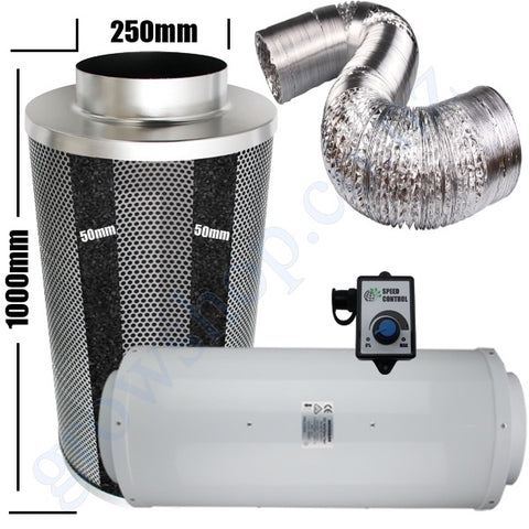 Carbon Filter Kit 250mm x 1000mm - Acoustic Silenced EC Mixed Flow Fan with Precise 0-10v Speed Controller & 10 Metres of Ducting