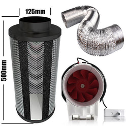Carbon Filter Kit 125mm x 500mm - Super Silent Mixed Flow Fan with Speed Controller & 10 Metres of Ducting