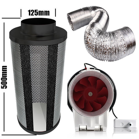Carbon Filter Kit 125mm x 500mm - Super Silent Mixed Flow Fan with Speed Controller & 10 Metres of Ducting