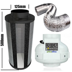 Carbon Filter Kit 125mm x 500mm - Centrifugal Temp & Speed adjustable PK125TC Fan & 10 Metres of Ducting