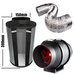 Kit Carbon Filter 150mm x 300mm, 10 Metre Ducting & 150mm Inline Plastic Tube Fan