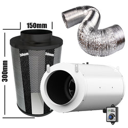 Carbon Filter Kit 150mm x 300mm - Acoustic Silenced EC Mixed Flow Fan with Precise 0-10v Speed Controller & 10 Metres of Ducting
