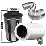 Carbon Filter Kit 150mm x 300mm - Acoustic Silenced EC Mixed Flow Fan with Precise 0-10v Speed Controller & 10 Metres of Ducting