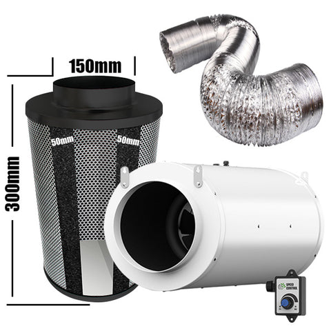 Carbon Filter Kit 150mm x 300mm - Acoustic Silenced EC Mixed Flow Fan with Precise 0-10v Speed Controller & 10 Metres of Ducting