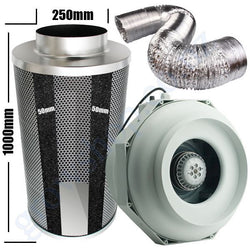 Carbon Filter Kit 250mm x 1000mm - Centrifugal Temp Speed adjustable RKW250 Can Fan & 10 Metres of Ducting