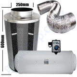 Carbon Filter Kit 250mm x 600mm - Acoustic Silenced EC Mixed Flow Fan with Precise 0-10v Speed Controller & 10 Metres of Ducting