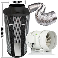 Carbon Filter Kit 200mm x 1000mm - 200mm Mixed Flow Fan with Speed Controller & 10 Metres of Ducting
