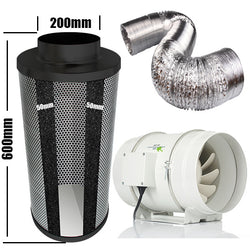 Carbon Filter Kit 200mm x 600mm - 200mm Mixed Flow Fan with Speed Controller & 10 Metres of Ducting