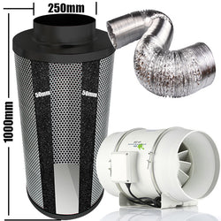 Carbon Filter Kit 250mm x 1000mm - 250mm Mixed Flow Fan with 2 Speed Hi-Low Switch & 10 Metres of Ducting