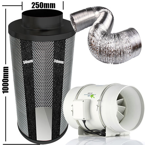 Carbon Filter Kit 250mm x 1000mm - 250mm Mixed Flow Fan with 2 Speed Hi-Low Switch & 10 Metres of Ducting