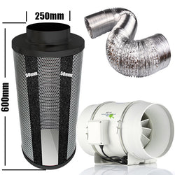 Carbon Filter Kit 250mm x 600mm - 250mm Mixed Flow Fan with 2 Speed Hi-Low Switch & 10 Metres of Ducting