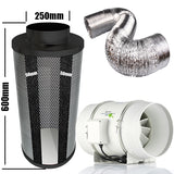 Carbon Filter Kit 250mm x 600mm - 250mm Mixed Flow Fan with 2 Speed Hi-Low Switch & 10 Metres of Ducting