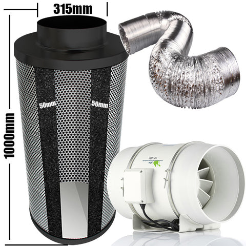 Carbon Filter Kit 315mm x 1000mm - 315mm Mixed Flow Fan with 2 Speed Hi-Low Switch & 10 Metres of Ducting