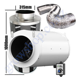 Carbon Filter Kit 315mm x 1000mm - Acoustic Silenced EC Mixed Flow Fan with Precise 0-10v Speed Controller & 10 Metres of Ducting