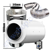 Carbon Filter Kit 315mm x 1000mm - Acoustic Silenced EC Mixed Flow Fan with Precise 0-10v Speed Controller & 10 Metres of Ducting