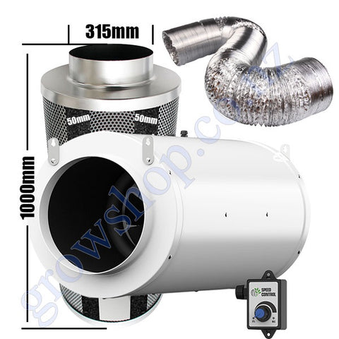 Carbon Filter Kit 315mm x 1000mm - Acoustic Silenced EC Mixed Flow Fan with Precise 0-10v Speed Controller & 10 Metres of Ducting