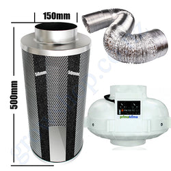 Carbon Filter Kit 150mm x 500mm - Centrifugal Temp & Speed adjustable PK150TC Fan & 10 Metres of Ducting
