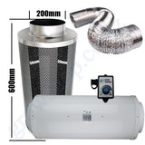 Carbon Filter Kit 200mm x 600mm - Acoustic Silenced EC Mixed Flow Fan with Precise 0-10v Speed Controller & 10 Metres of Ducting