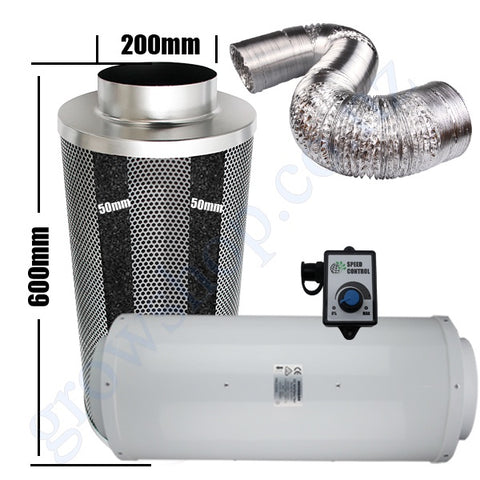 Carbon Filter Kit 200mm x 600mm - Acoustic Silenced EC Mixed Flow Fan with Precise 0-10v Speed Controller & 10 Metres of Ducting
