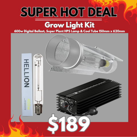Grow Light Kit 600w Digital Ballast, Super Plant HPS Lamp & Cool Tube 150mm - Hellion