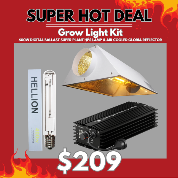 Grow Light Kit 600w Digital Ballast, Super Plant HPS Lamp & Air Cooled Gloria Reflector - Hellion