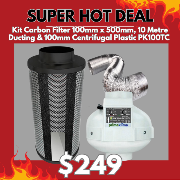 Carbon Filter Kit 100mm x 500mm - Centrifugal Temp & Speed adjustable PK100TC Fan & 10 Metres of Ducting