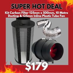 Kit Carbon Filter 125mm x 500mm, 10 Metre Ducting & 125mm Inline Plastic Tube Fan