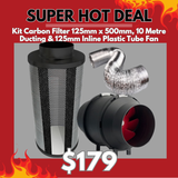 Kit Carbon Filter 125mm x 500mm, 10 Metre Ducting & 125mm Inline Plastic Tube Fan