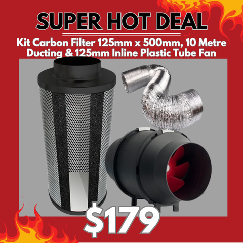 Kit Carbon Filter 125mm x 500mm, 10 Metre Ducting & 125mm Inline Plastic Tube Fan