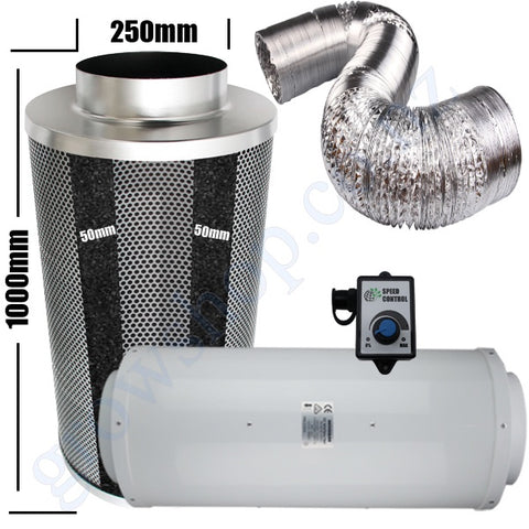 Kit Carbon Filter 250mm x 1000mm, 10 Metre Ducting & Silenced 250mm EC Fan speed adjustable