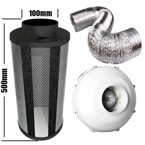 Kit Carbon Filter 100mm x 500mm - 100mm Centrifugal European Motor Plastic Fan & 10 Metres of Ducting
