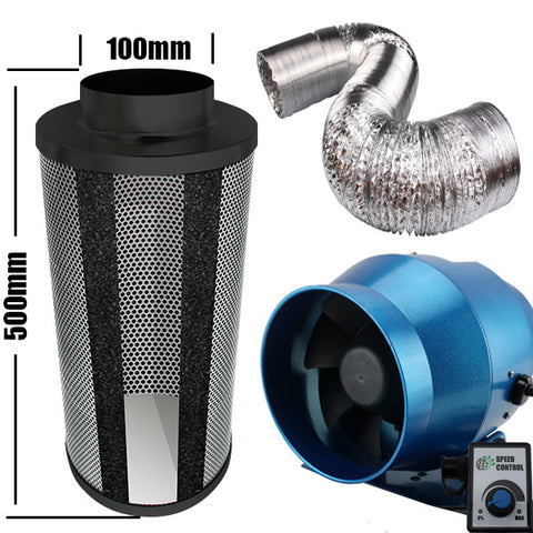Kit Carbon Filter 100mm x 500mm, 10 Metre Ducting & 100mm EC Fan speed adjustable