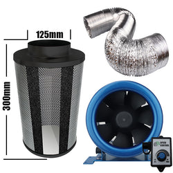Kit Carbon Filter 125mm x 300mm, 10 Metre Ducting & 125mm EC Mixed flow speed adjustable Fan