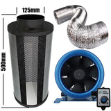 Kit Carbon Filter 125mm x 500mm, 10 Metre Ducting & 125mm EC Fan speed adjustable