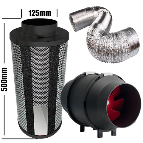 Kit Carbon Filter 125mm x 500mm, 10 Metre Ducting & 125mm Inline Plastic Tube Fan