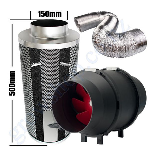 Kit Carbon Filter 150mm x 500mm, 10 Metre Ducting & 150mm Inline Plastic Tube Fan