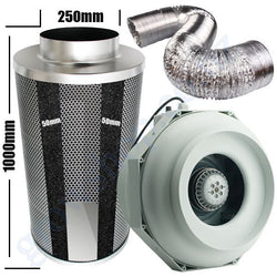 Kit Carbon Filter 250mm x 1000mm, 10 Metre Ducting & 250mm Centrifugal RKW Temp & Speed adjustable