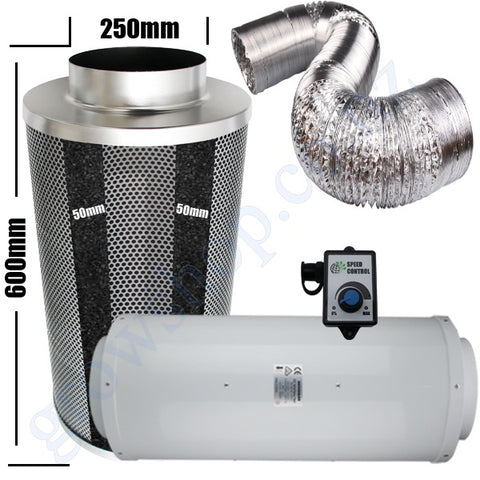 Kit Carbon Filter 250mm x 600mm, 10 Metre Ducting & Silenced 250mm EC Fan speed adjustable