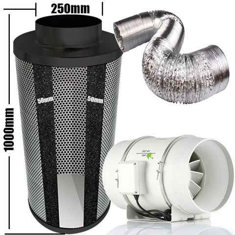 Kit Carbon Filter 250mm x 1000mm - 250mm Mixed Flow Fan c/w 2 Speed inline switch & 10 Metres of Ducting