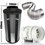 Kit Carbon Filter 250mm x 600mm - 250mm Mixed Flow Fan c/w 2 Speed inline switch & 10 Metres of Ducting