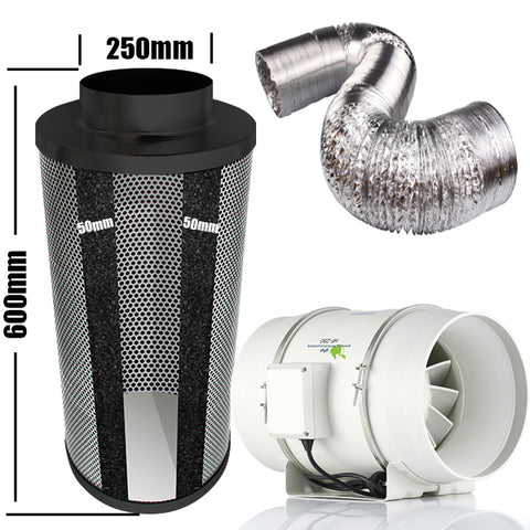 Kit Carbon Filter 250mm x 600mm - 250mm Mixed Flow Fan c/w 2 Speed inline switch & 10 Metres of Ducting