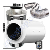 Kit Carbon Filter 315mm x 1000mm, 10 Metre Ducting & Silenced 315mm EC Mixed flow speed adjustable Fan