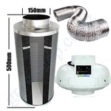 Kit Carbon Filter 150mm x 500mm, 10 Metre Ducting & PK150TC Centrifugal Temp & Speed