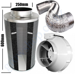 Kit Carbon Filter 250mm x 600mm - 250mm Centrifugal European Motor Plastic Fan & 10 Metres of Ducting