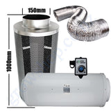 Kit Carbon Filter 150mm x 1000mm, 10 Metre Ducting & Silenced 150mm EC Fan speed adjustable