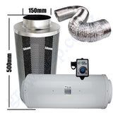 Kit Carbon Filter 150mm x 500mm, 10 Metre Ducting & Silenced 150mm EC Fan speed adjustable